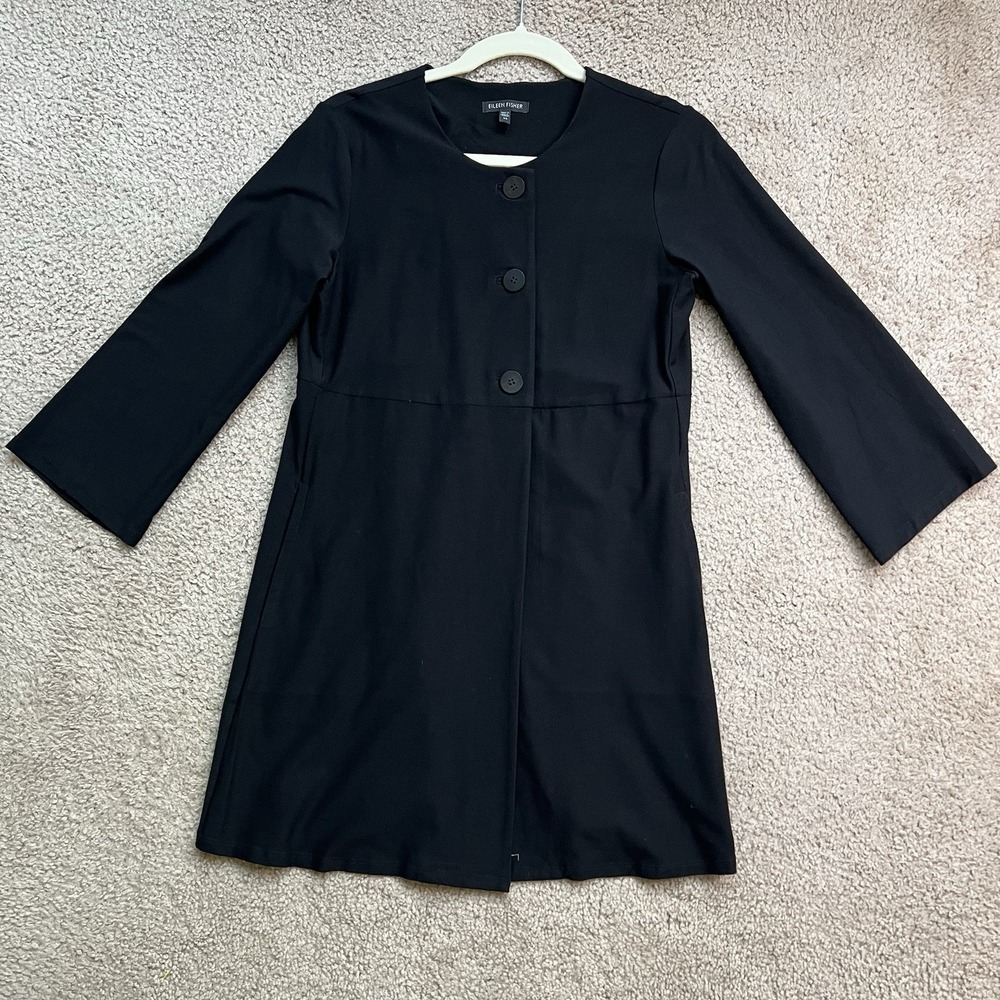 Eileen Fisher Black 3/4 Sleeves Lightweight 60' Inspired Mid Thigh Coat Size XS
